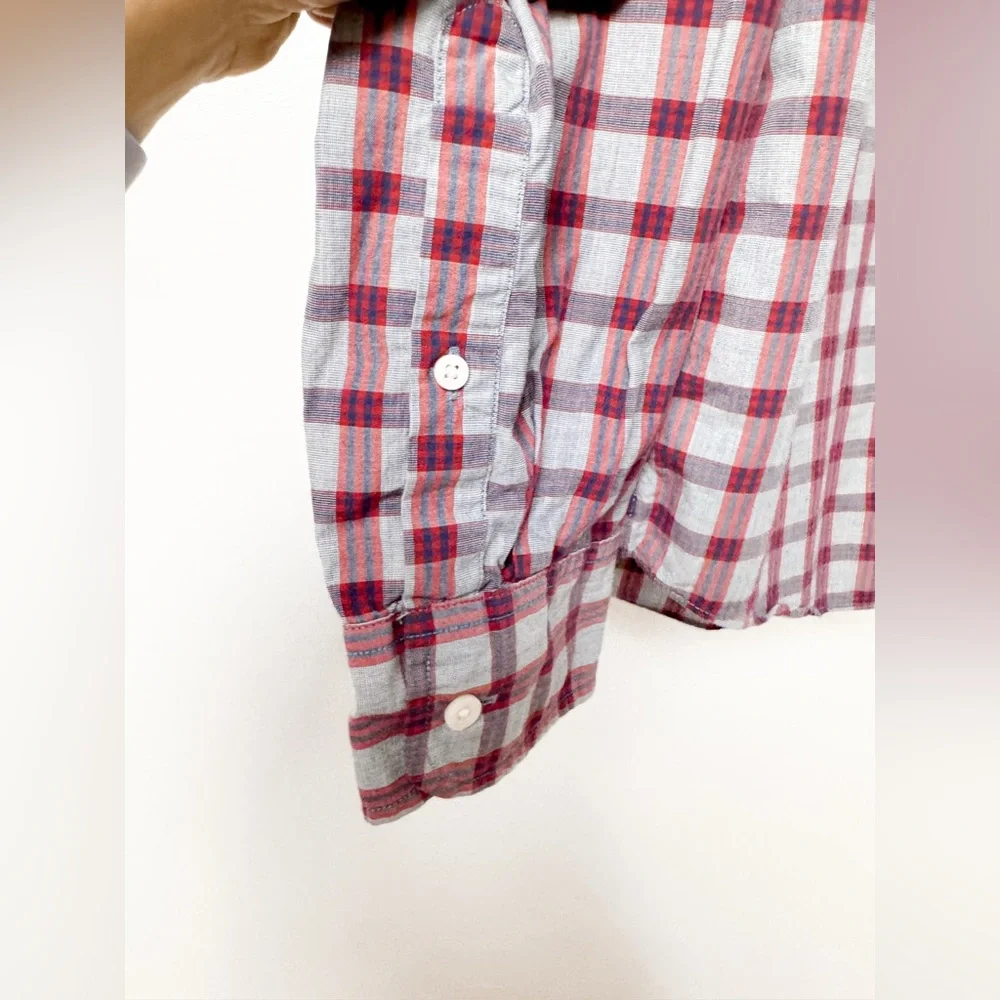 Set of 2 J. Crew Oxford Button‎ Up Plaid Cotton Long Sleeve Shirts Red Green L